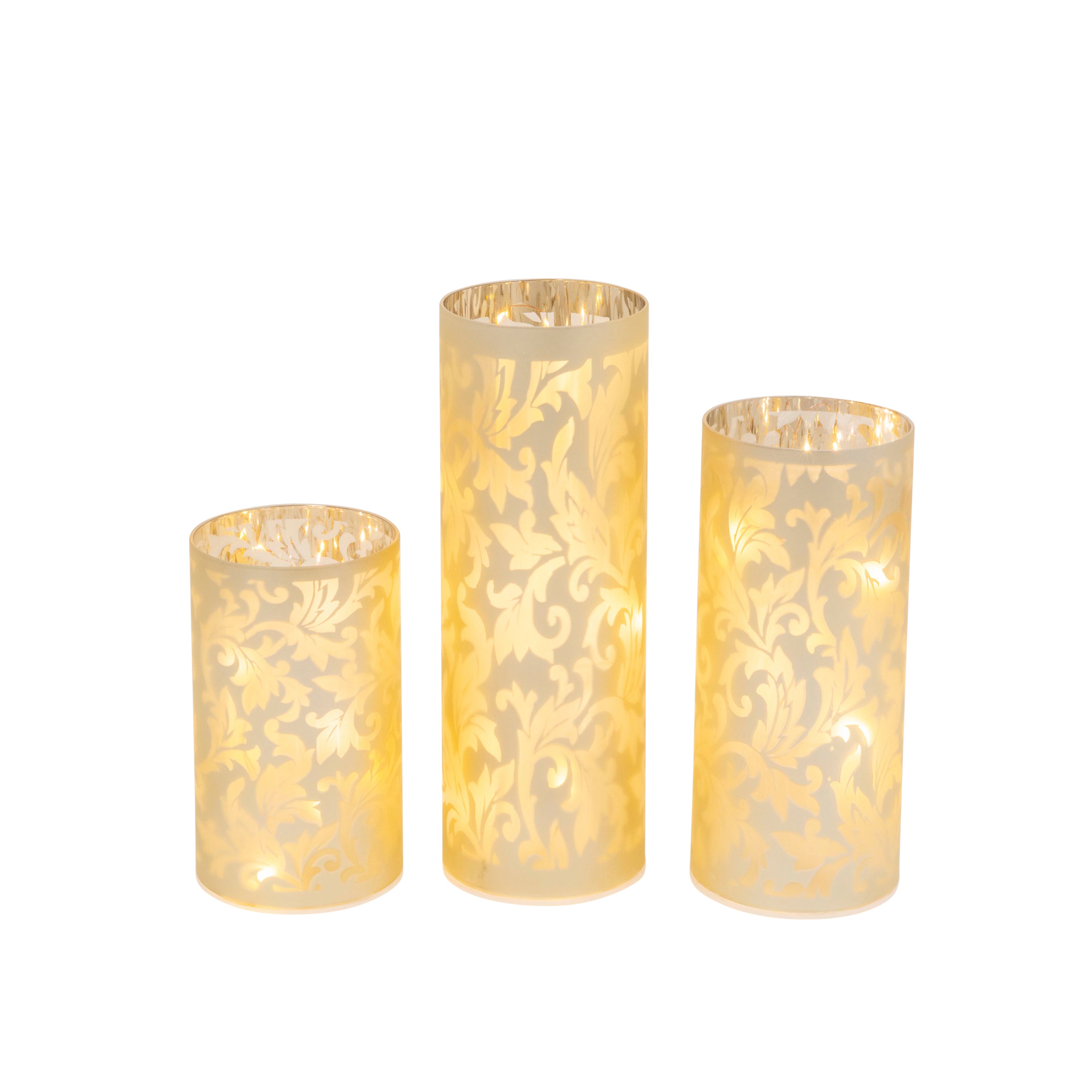 S/3 Battery- Operated Lighted Glass Luminaries, Illuminated by String lights (Lg is 9.8-in H Med 7.9-in H, Sm 5.9-in H)